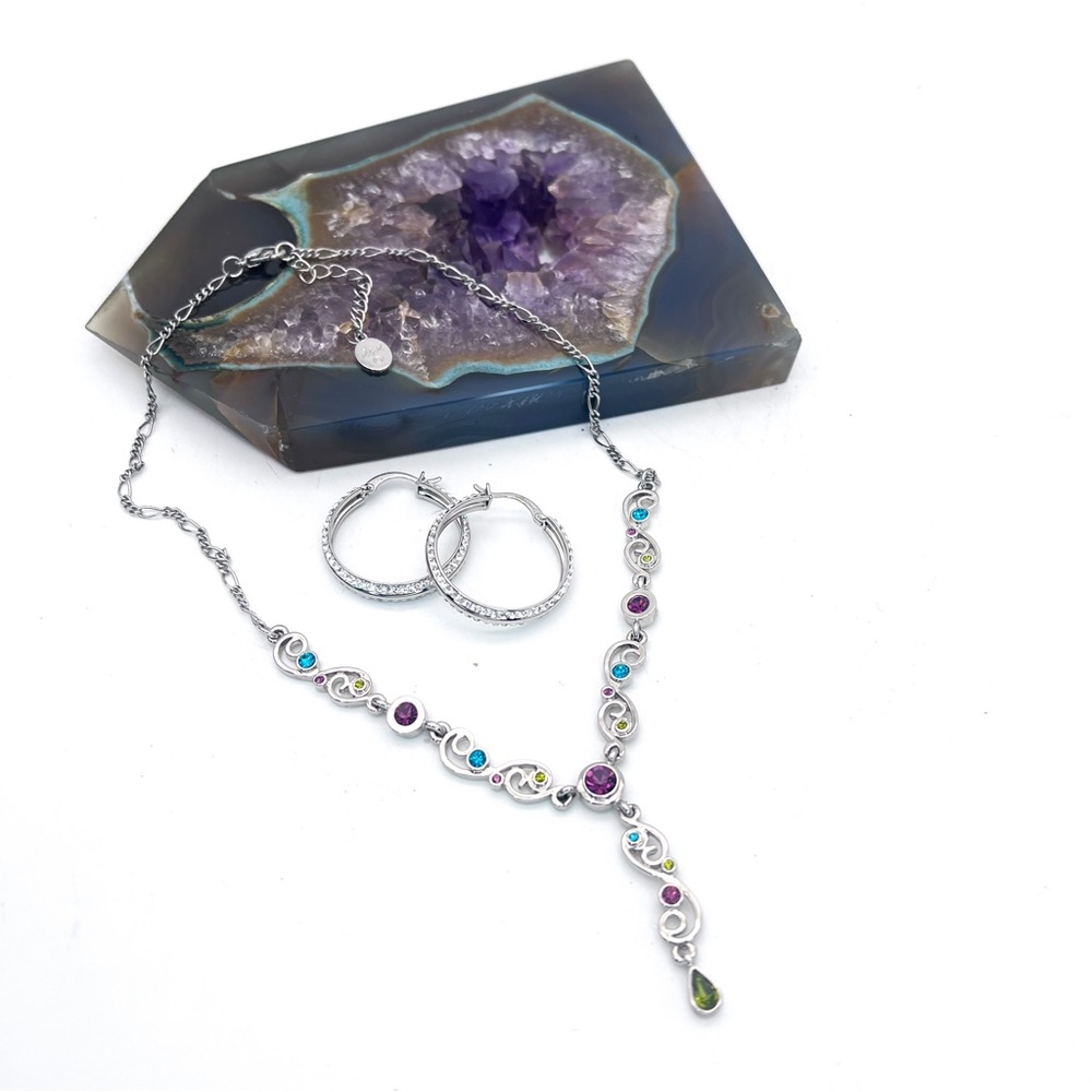 Purple+Blue Crystal Silver Y Floral Necklace & Silver+Rhinestones Hoop Earrings